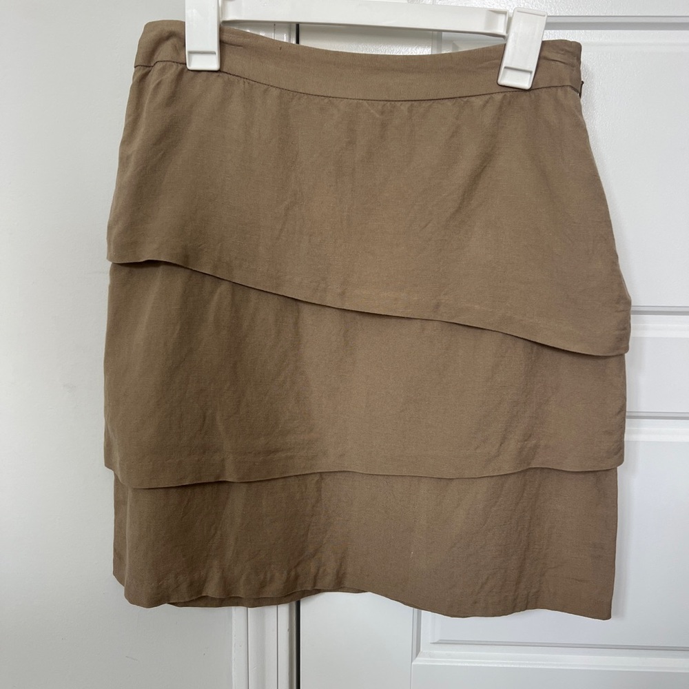 Adrienne Vittadini Tan Asymmetrical Layered Linen Blend Mini Skirt size 6